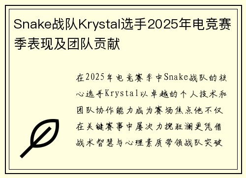 Snake战队Krystal选手2025年电竞赛季表现及团队贡献