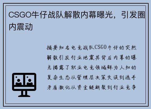 CSGO牛仔战队解散内幕曝光，引发圈内震动
